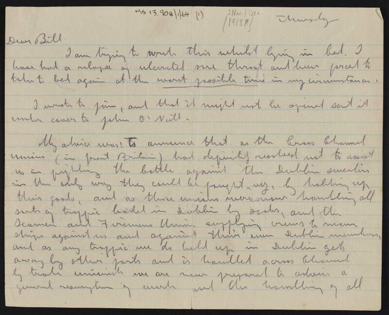 Letter from James Connolly to William O'Brien outlining Connolly's advice to James Larkin regarding the resumption of work and the issue of working with non-union labour,