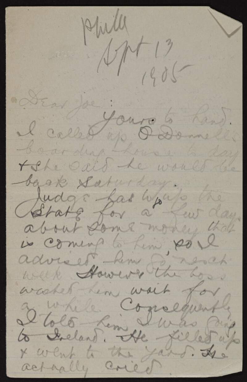 Letter from Patrick McCartan to Joseph McGarrity regarding his plans to study at Temple College,