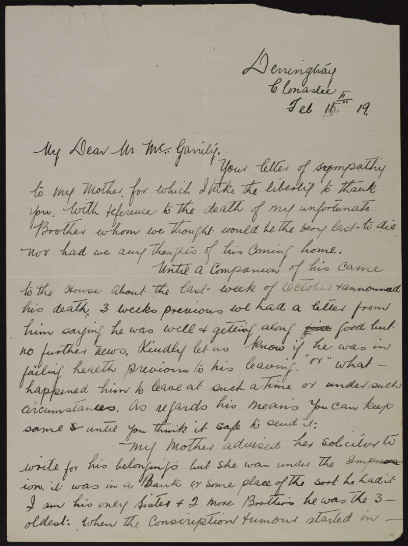 Letter from Mary Duffy, Clonaslee, Co. Laois, to Joseph McGarrity looking for information on the death of her brother, James Patrick Duffy, who emigrated to the United States when "the conscription rumours started in Ireland",