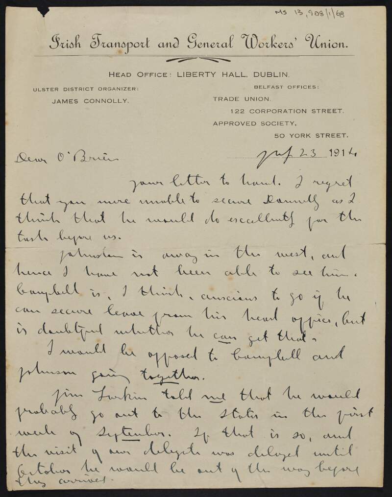 Partial letter from James Connolly to William O'Brien about a trip by "Campbell" and or [Tom?] "Johnson",