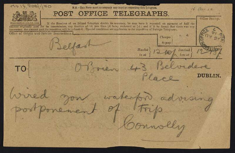 Telegram from James Connolly to William O'Brien saying "Wired you Waterford advising postponement of trip",