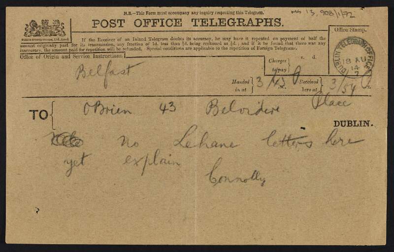 Telegram from James Connolly to William O'Brien saying "No Lehane letters here yet explain",