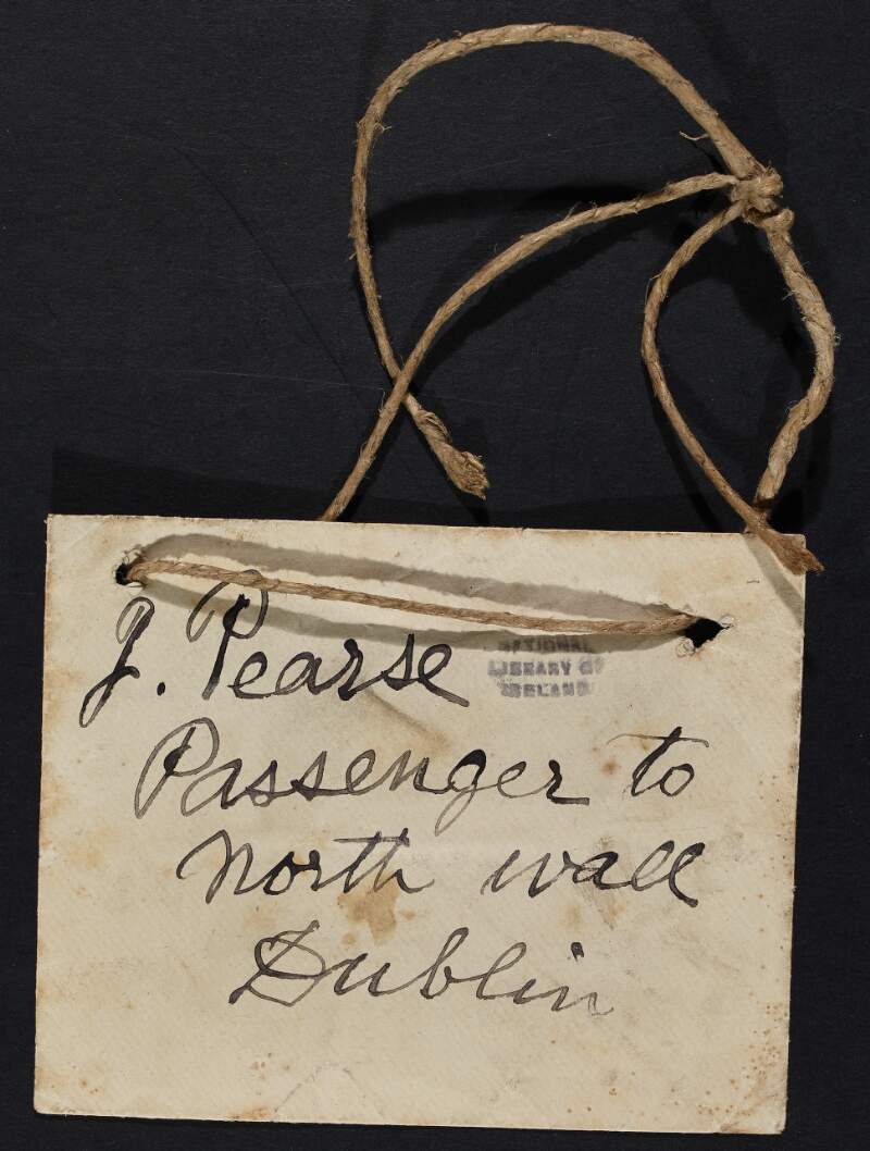 Envelope and page indicating James Pearse as a passenger to Birmingham and return to Dublin,