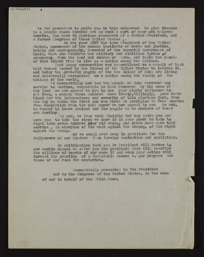 Letter of appeal to the US President [Franklin D. Roosevelt], in the "name of the Irish Race", asking him intervene on the behalf of Ireland against Britain in the same way the US intervened for Cuba against Spain in 1898,