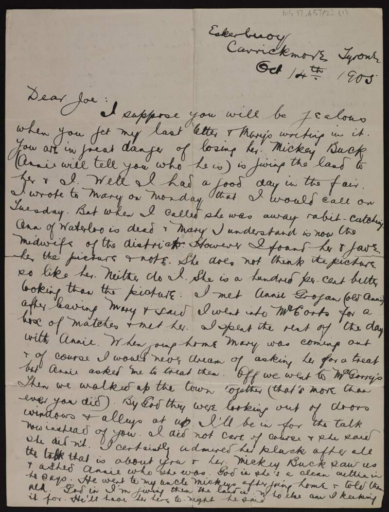 Letter from Patrick McCartan to Joseph McGarrity regarding "Mary" and his "uncle Reilly"'s experiences as a Fenian,