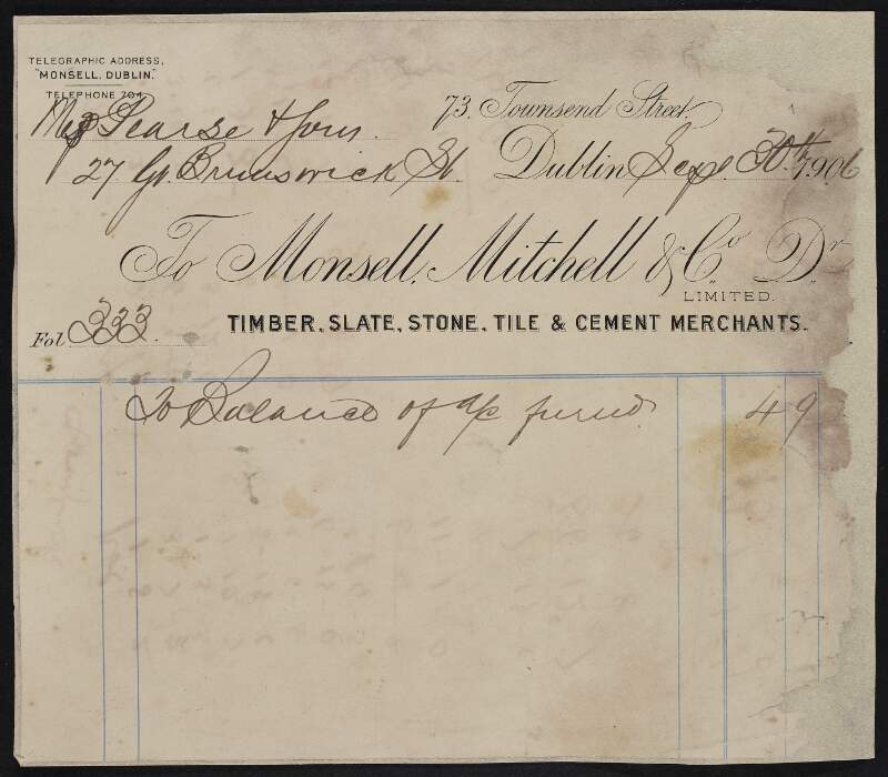 Account book of the sculpting business of James Pearse and Sons, 27 Great Brunswick Street, Dublin,