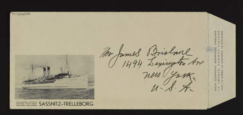 Envelope [from Joseph McGarrity] to James Brislane, addressed to: "1494 Lexington Ave[nue] / new york / U.S.A",