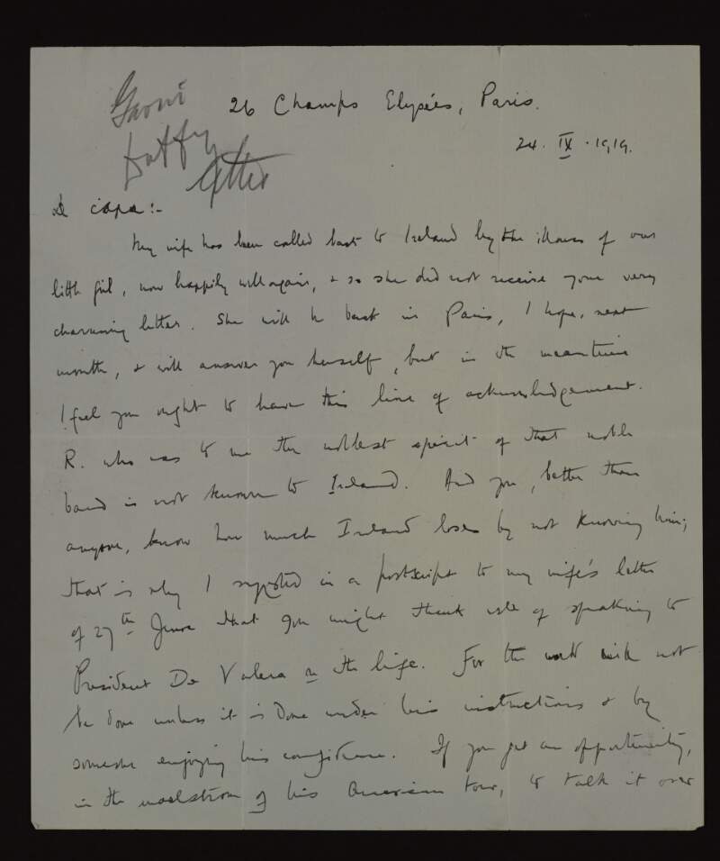 Letter from George Gavan Duffy to Joseph McGarrity regarding the impact of American assistance on Ireland and the need to get Eamon De Valera's support for a book to be written on Roger Casement,