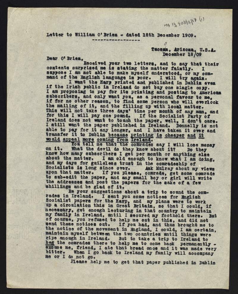 Copy of letter from James Connolly to William O'Brien attempting to clarify Connolly's intentions in transferring the printing and publishing of 'The Harp' to Dublin regardless of whether Connolly himself returns to Ireland,