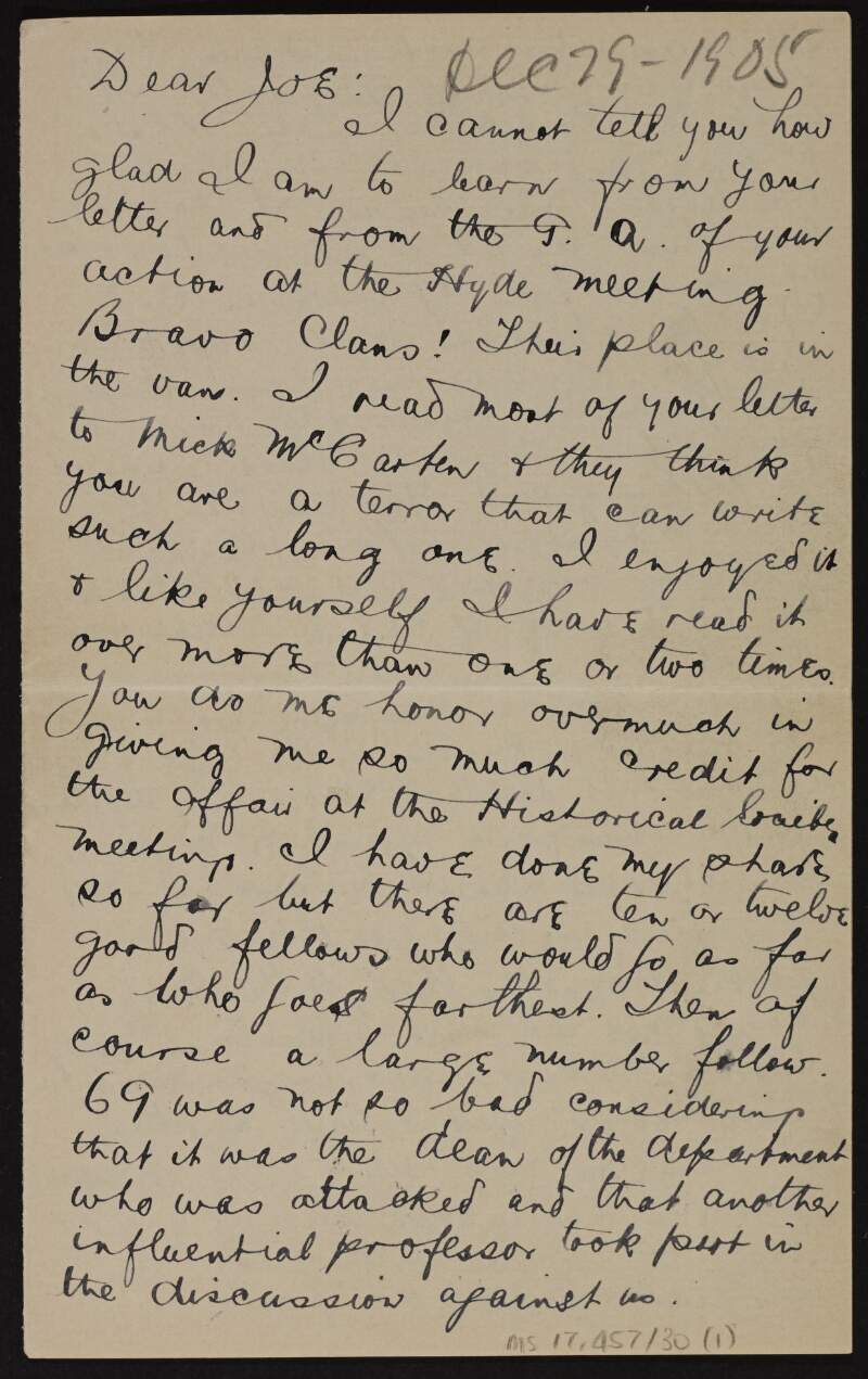 Letter from Patrick McCartan to Joseph McGarrity informing him that he started a Dungannon Club in Carrickmore, his plans for a Ladies' branch, lace industry and a library,