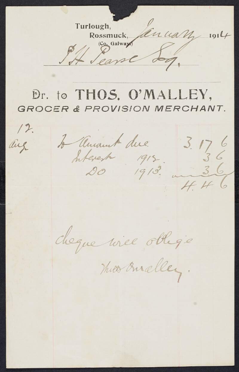 Invoice from Thomas O'Malley, Grocer, to Padraic Pearse requesting cheque for payment to the amount of £4-4-6,
