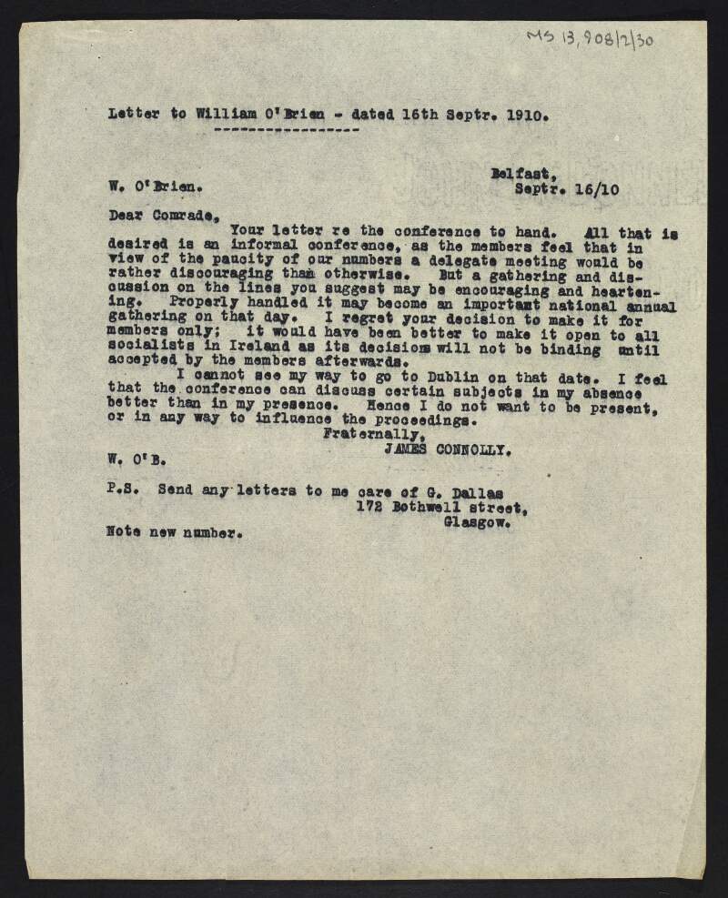 Copy of letter from James Connolly to William O'Brien about a conference in Dublin for comrades visiting from Belfast,
