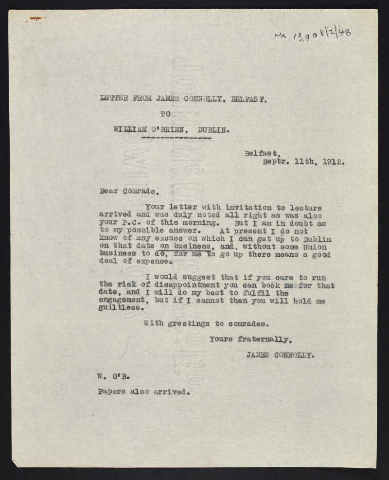 Copy of letter from James Connolly to William O'Brien about a possible lecture by Connolly,