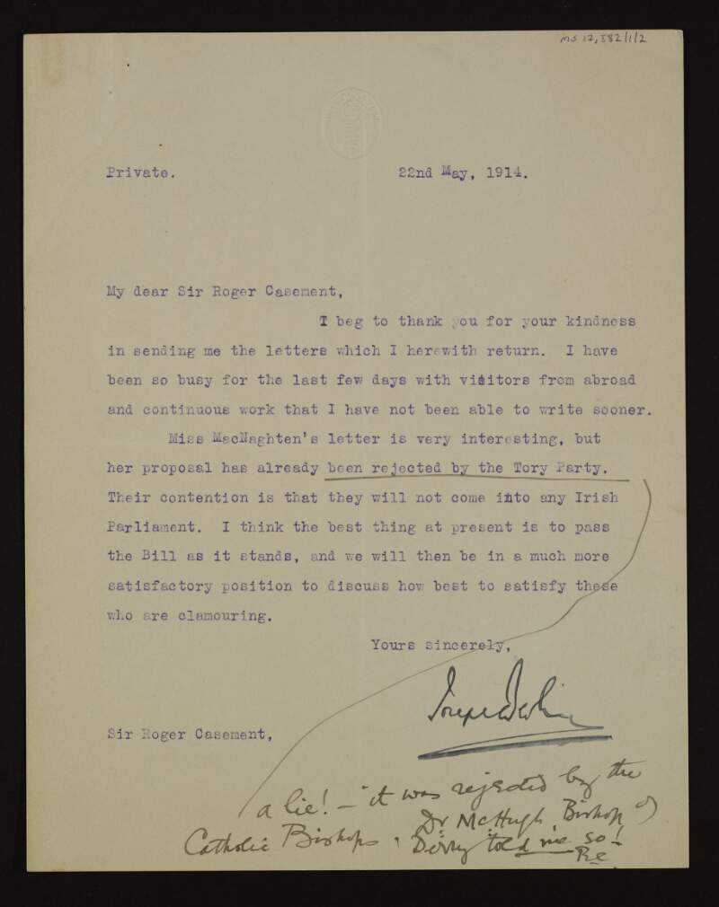 Letter from Joseph Devlin to Roger Casement in which he says that the Tory Party have rejected the proposal to come into any Irish parliament,