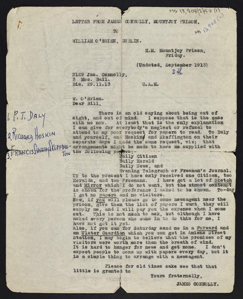 Copy of letter from James Connolly to William O'Brien asking O'Brien to make arrangements for the supply of newspapers to Connolly in Mountjoy Prison,
