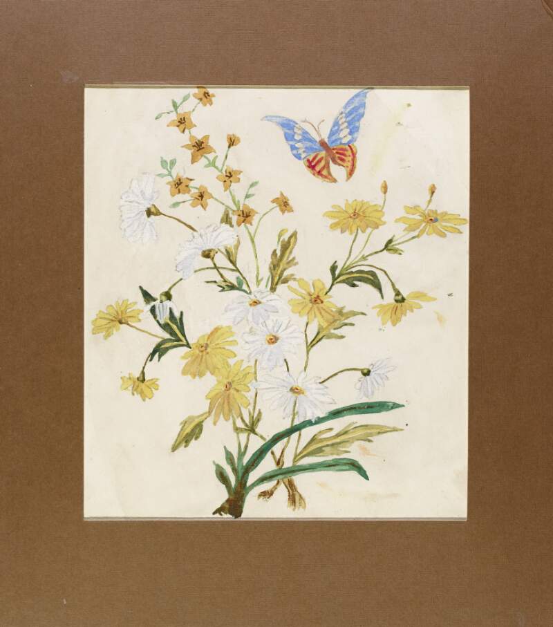 [Framed painting of a butterfly and flowers]