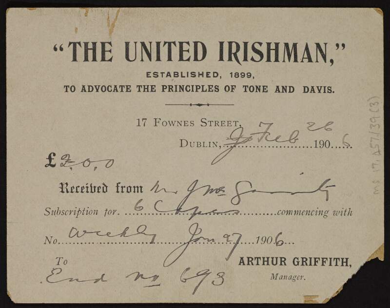Letter from Patrick McCartan to Joseph McGarrity concerning the student manifesto and "O'Donnell", with receipt enclosed for subscription to the 'United Irishman',