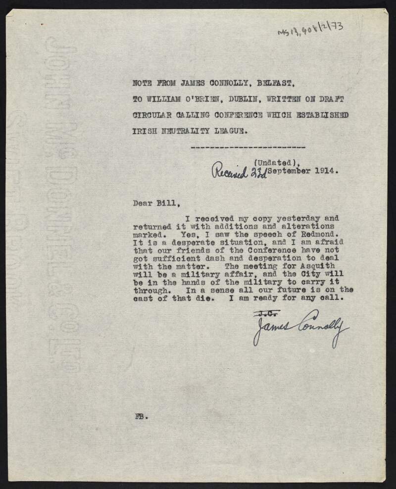 Copy of letter from James Connolly to William O'Brien confirming that he returned a document marked up with his additions and alterations,