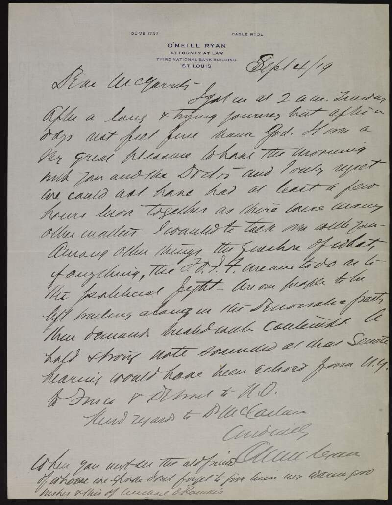 Letter from O'Neill Ryan to Joseph McGarrity regarding the Friends of Irish Freedom and regretting he could not spend more time with McGarrity on his visit,
