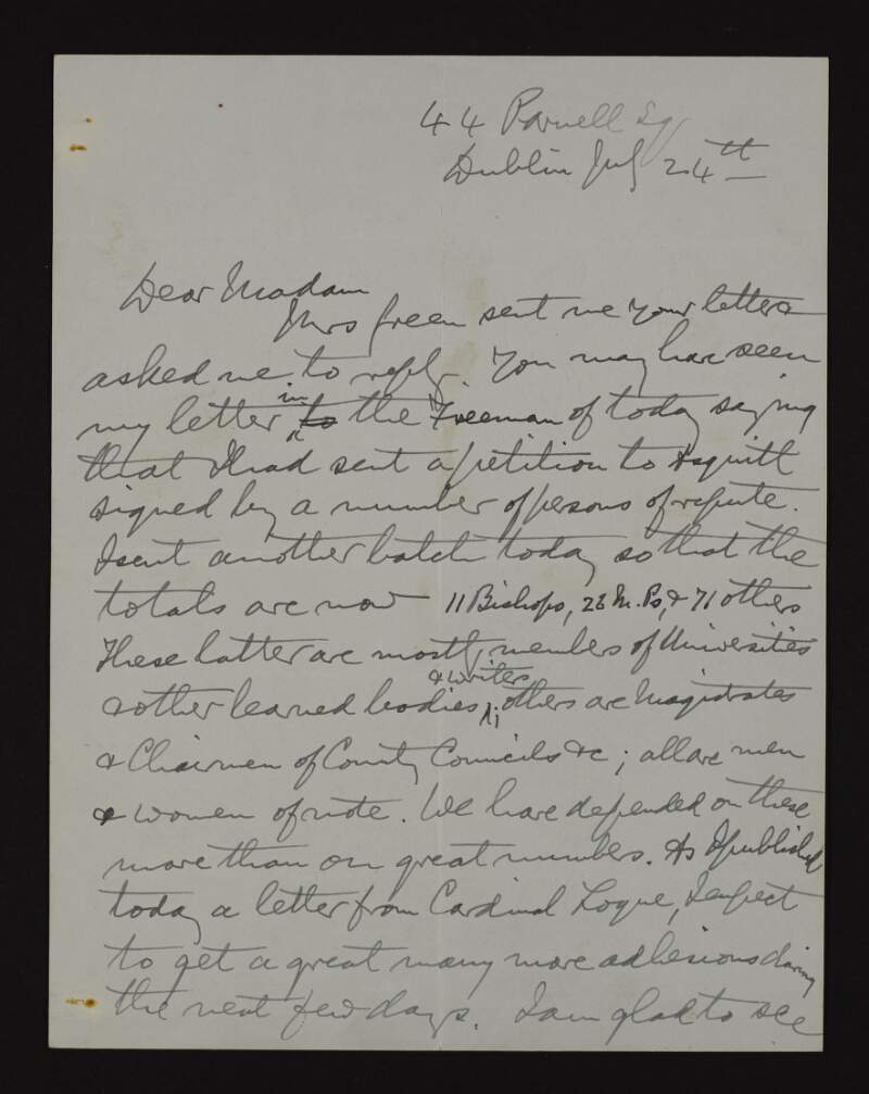Letter from Maurice Moore to unidentified recipient regarding the organisation of petitions to secure clemency for Roger Casement,