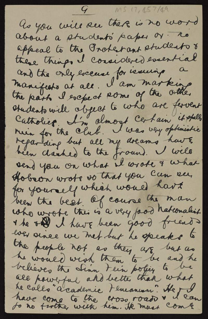 Last page of a letter from Patrick McCartan to [Joseph McGarrity] expressing his disapointment with the student manifesto,