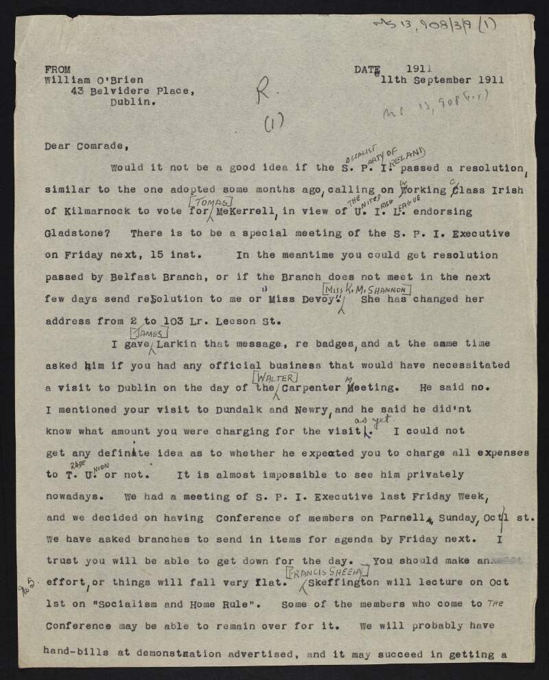 Copy of letter from William O'Brien to James Connolly about a Socialist Party of Ireland conference to be held on the 1st of October,