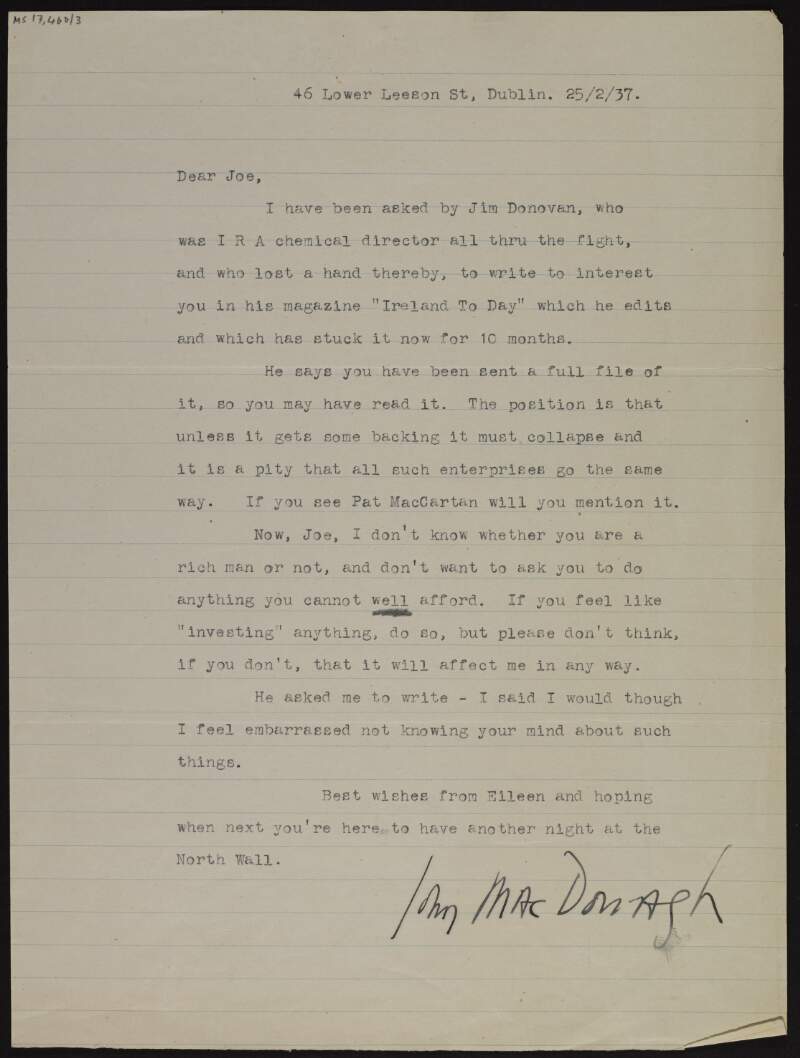 Letter from John MacDonagh to Joseph McGarrity, saying how he has been asked by James O'Donovan to tell him about the magazine he edits, 'Ireland Today' and to ask for its financial backing for it,