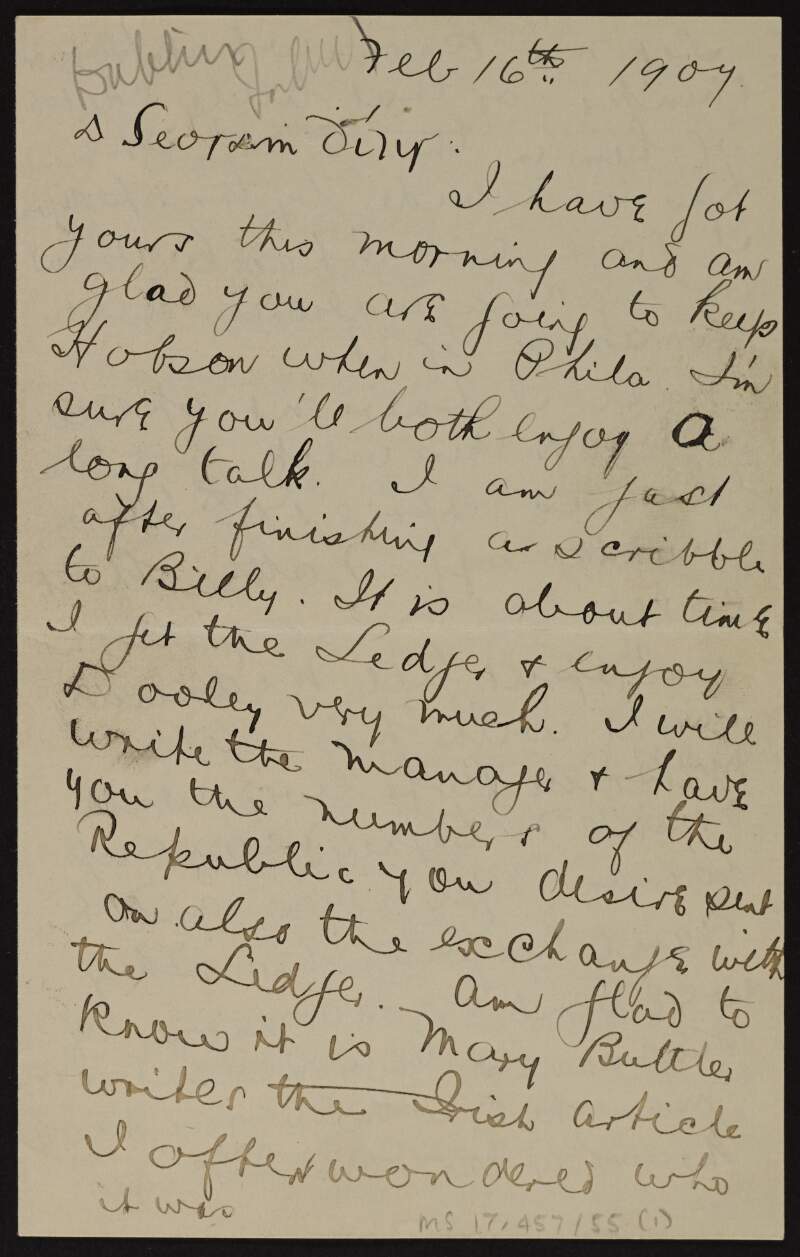 Letter from Patrick McCartan to Joseph McGarrity relating to his relationship with Father Cornelius Short,