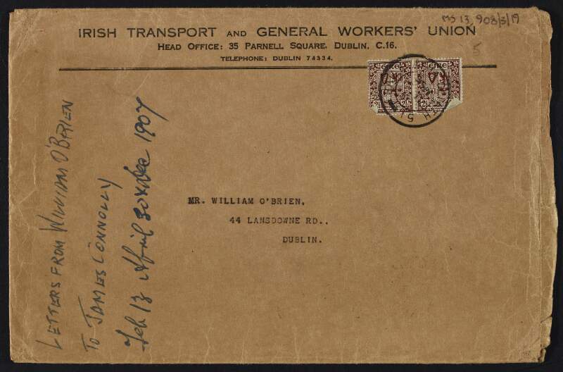 Envelope from the Irish Transport and General Workers' Union to William O'Brien,