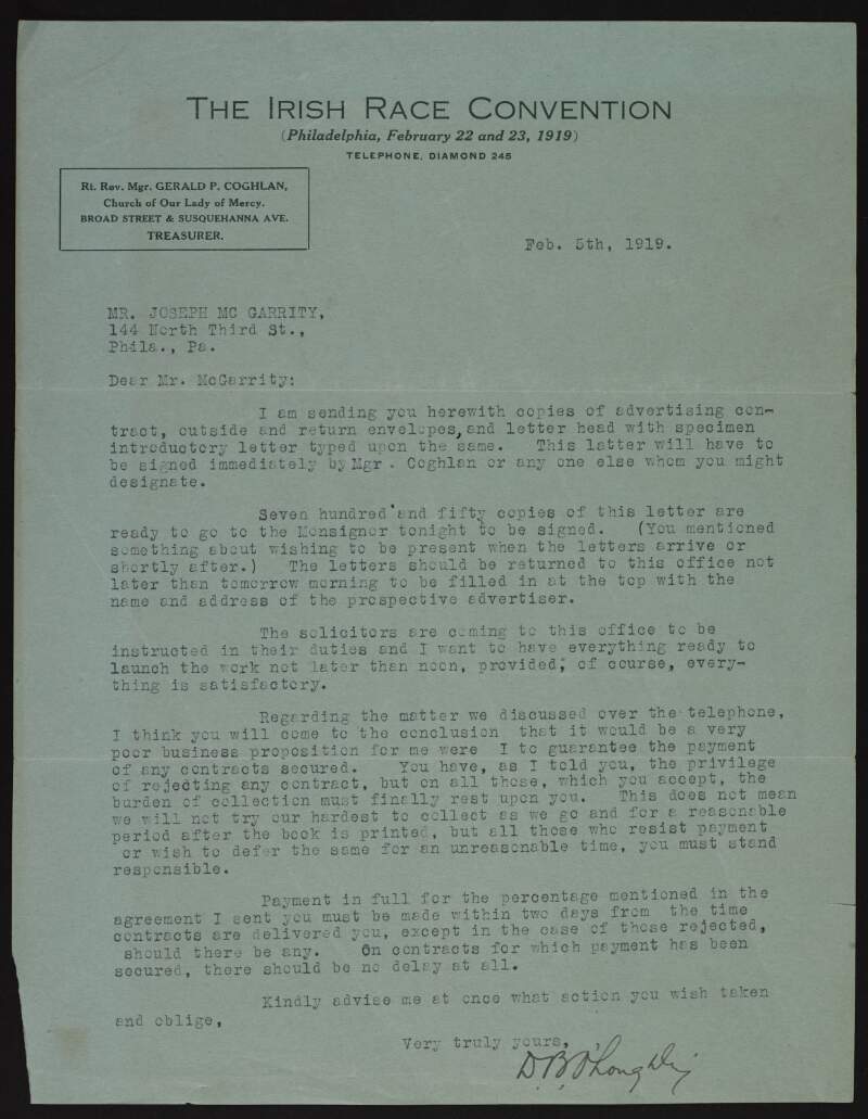 Letter from D. B. O'Loughlin to Joseph McGarrity regarding copies of advertising contract letters for the Irish Race Convention that need to be signed by Monsignor Gerald P. Coghlan before distribution,