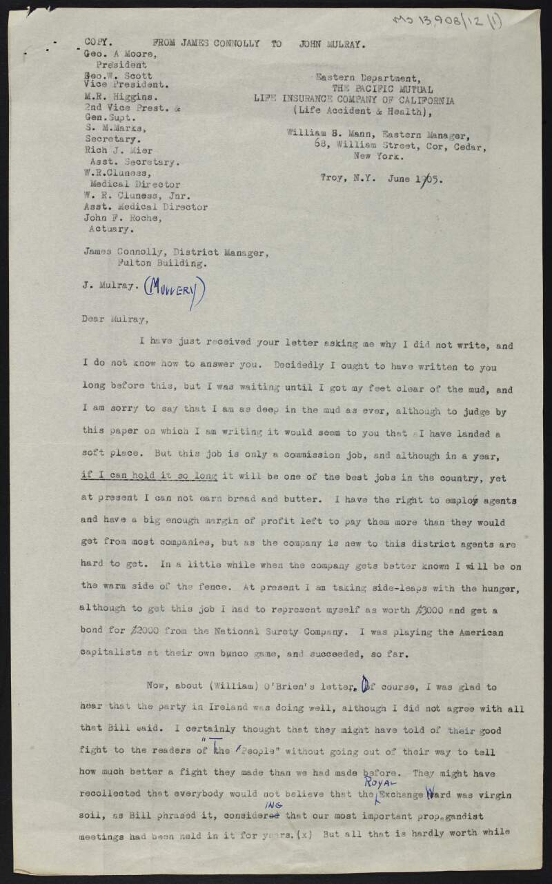 Copy of letter from James Connolly to John Mulray about his financial struggle despite having secured employment, his belief that it is unlikely he will return to Ireland, and matters in Ireland and New York,