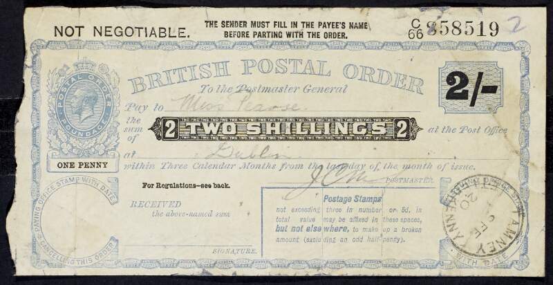 British postal order for [Mrs. Margaret?] Pearse from Tamney, Letterkenny, Co. Donegal,