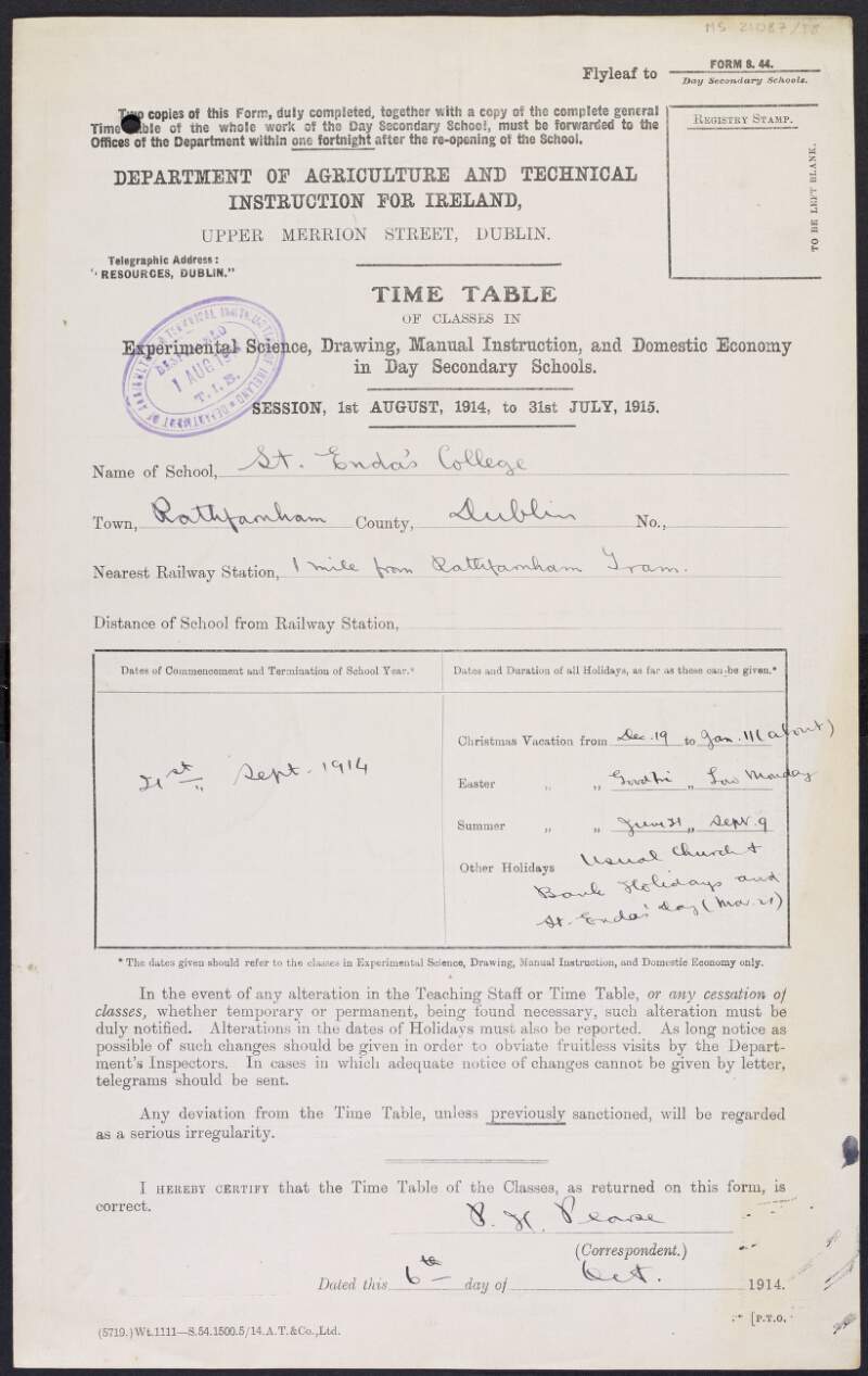 Form from the Department of Agriculture and Technical Instruction for Ireland completed by Padraic Pearse for St. Enda's School,