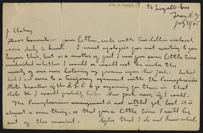 Letter from James Connolly to John Mulray acknowledging receipt of two dollars, informing him that he may become an organiser for the Socialist Labour Party and outlining why he may move to New York,