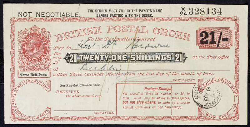 British postal order for 21 shillings for Rev. Dr. Browne from [N?]ewport,