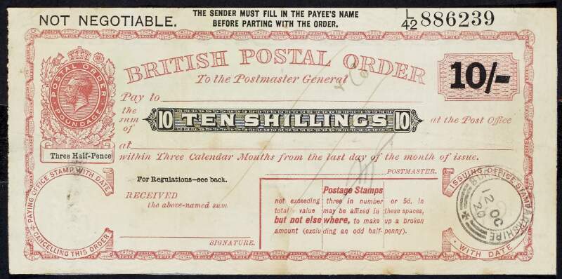 British postal order for 10 shillings for an unidentified recipient from Bur[mbage?], Lanarkshire, Scotland,