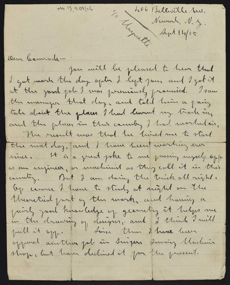 Letter from James Connolly to John Mulray informing him that he has got a new job as an engineer or machinist, and arranging to meet Mulray,