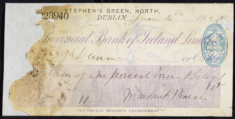 Cheques of Margaret Pearse from a bank account for St. Enda's School, Dublin,