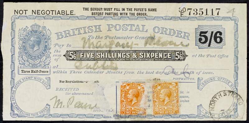 British postal order for Margaret Pearse from North Strand [Co. Dublin?],