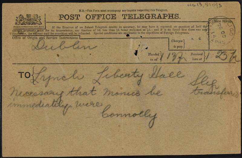 Telegram from James Connolly to John Lynch saying "Necessary that monies be transferred immediately wire",