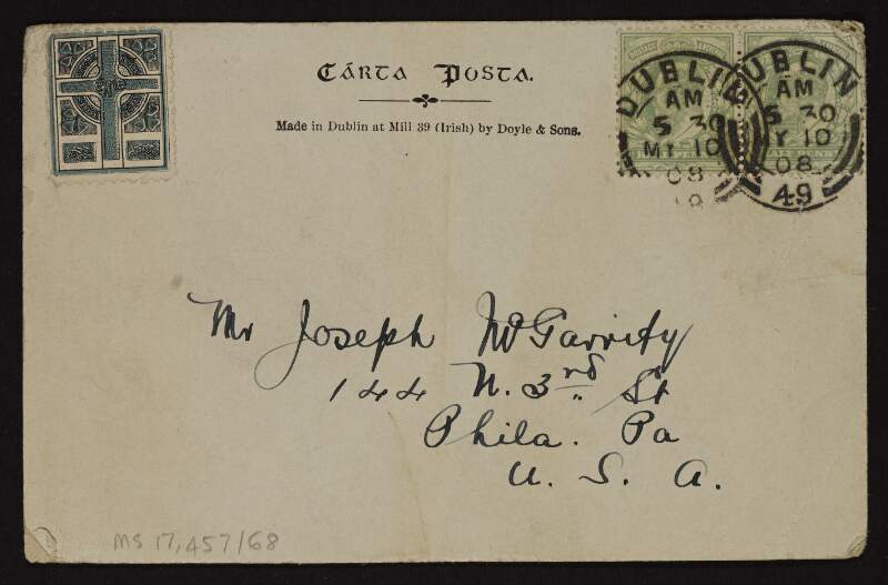 Postcard from Patrick McCartan to Joseph McGarrity asking him to send a copy of the 'Gaelic American' to Father Cornelius Short,