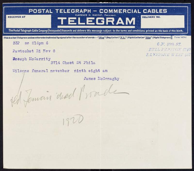 Telegram from James McConaghy to Joseph McGarrity regarding funeral arrangements for James Wilson,