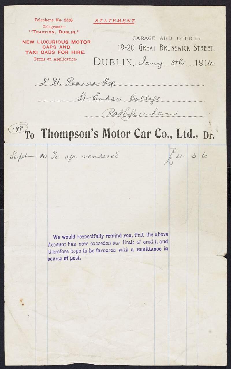 Invoice from Thompson's Motor Car Company Limited to Padraic Pearse requesting payment to the amount of £4-3-6,