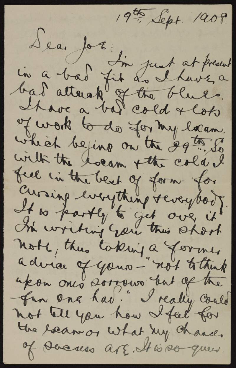 Letter from Patrick McCartan to Joseph McGarrity regarding his approaching exam and "Mary",