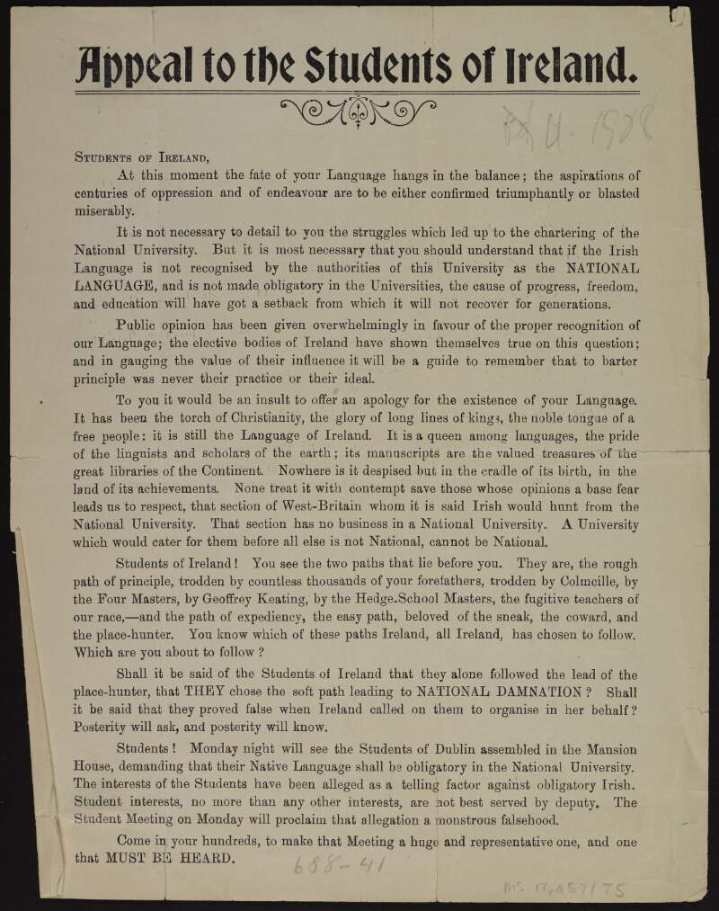 Print 'Appeal to the Students of Ireland' for the protection of the Irish language with note from Patrick McCartan to Joseph McGarrity,