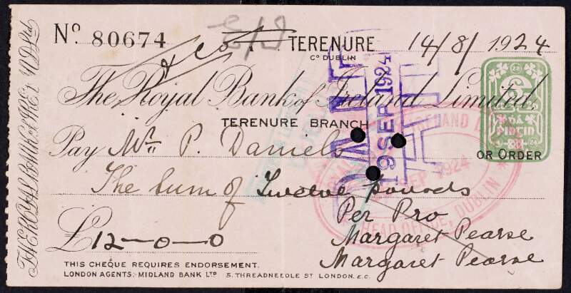 Cheques of Margaret Pearse for her account with the Provincial Bank of Ireland,
