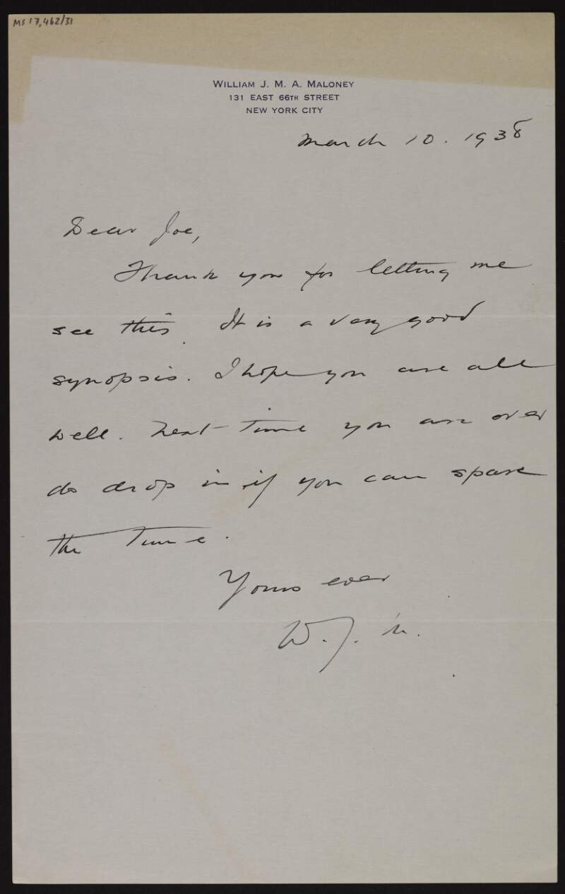 Letter from William J.M.A. Maloney to Joseph McGarrity, thanking him for his "very good synopsis" [not extant],