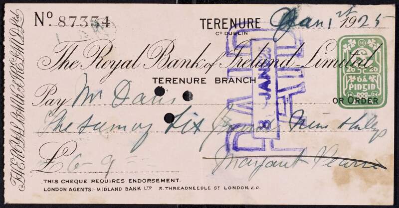 Cheques of Margaret Pearse from an account with the Royal Bank of Ireland,