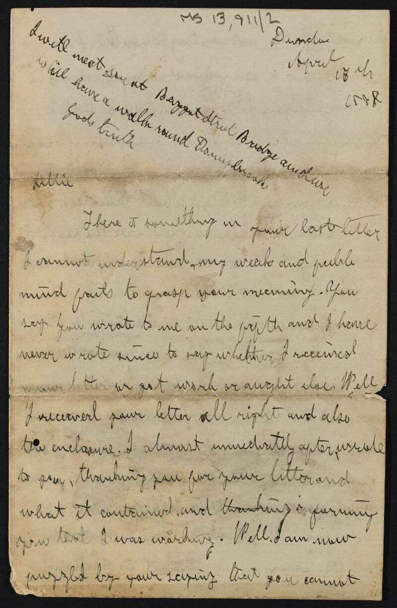 Letter from James Connolly to Lillie Connolly telling her about the female-dominated population in Dundee and writing about the Scottish character,