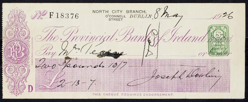 Cheque from Joseph Dowling to Mrs. Margaret Pearse from an account with the North City Branch of the Provincial Bank of Ireland,